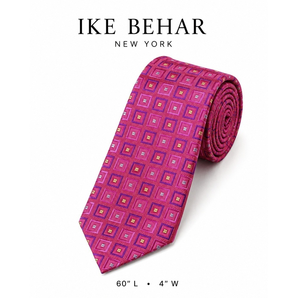 Ike Behar New York Mens Silk Necktie Pink Geometric Square 60L x 4W